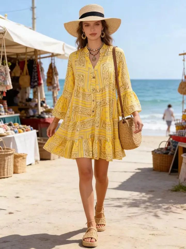 Yellow Bandana Print Tiered Dress One Size