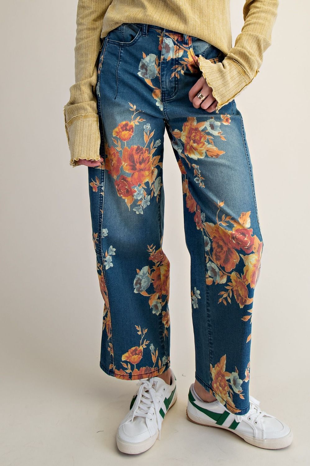 Floral Printed Washed Denim Jeans