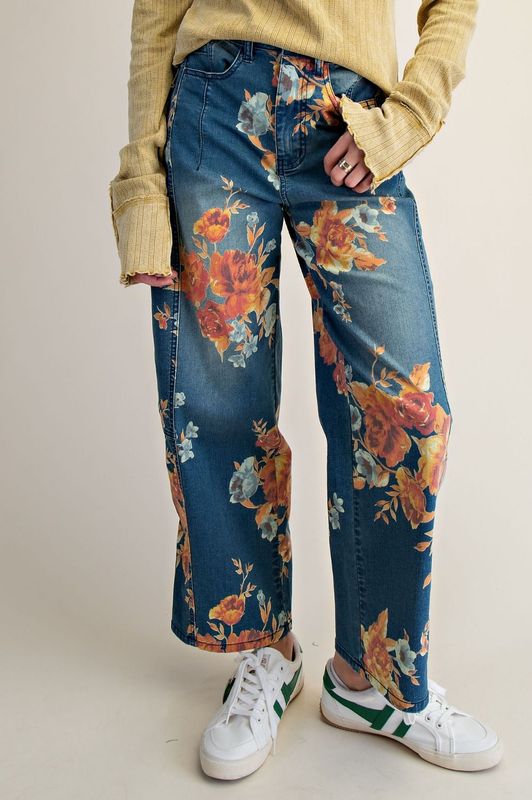 Floral Printed Washed Denim Jeans