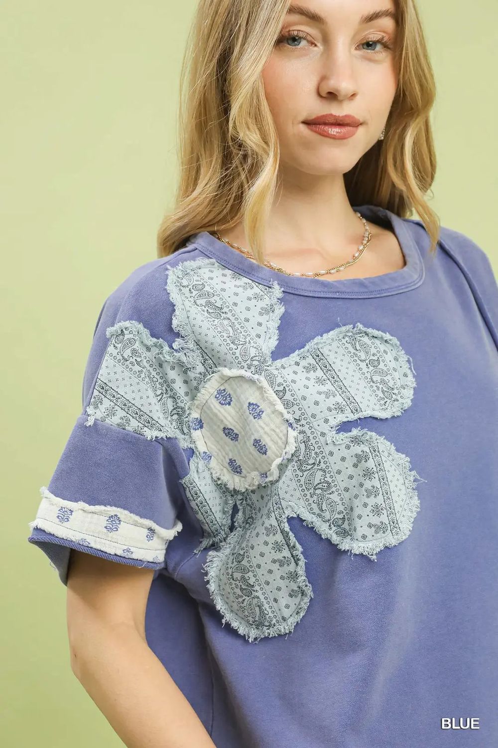 French Terry Flower Top, Color: Blue, Size: Small