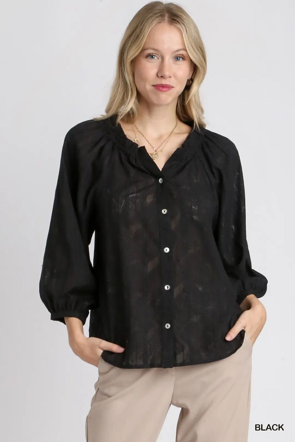 Jacquard Button Down Ruffle Neckline Blouse Black