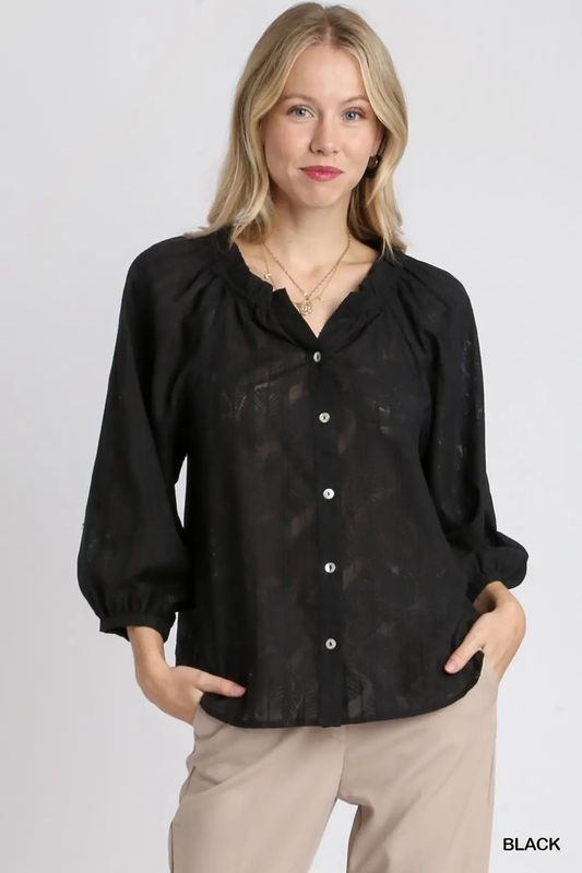 Jacquard Button Down Ruffle Neckline Blouse Black
