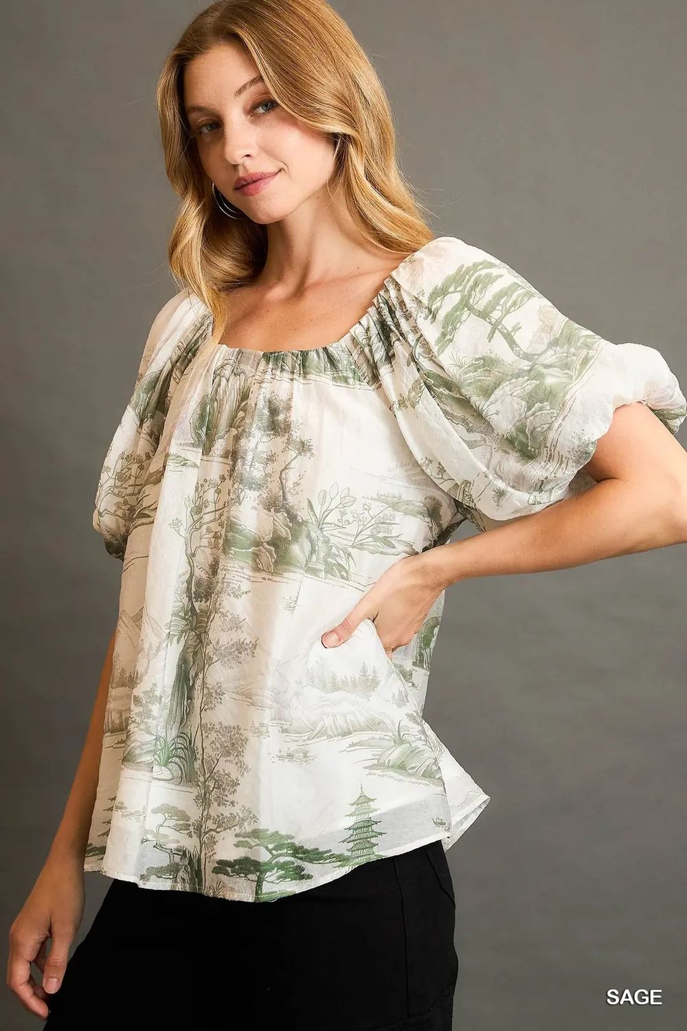 Two Tone Toile Print Top Sage