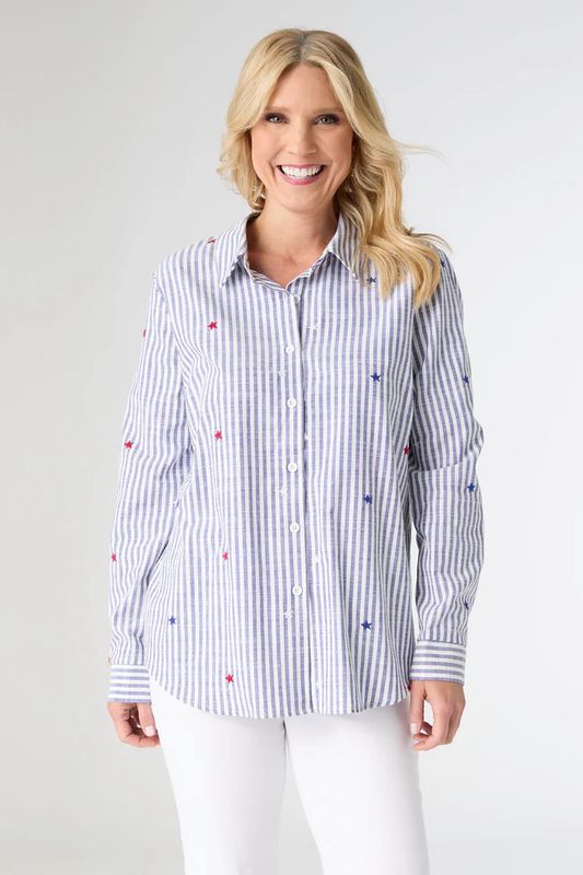 Patriotic Striped Blouse with Stars
