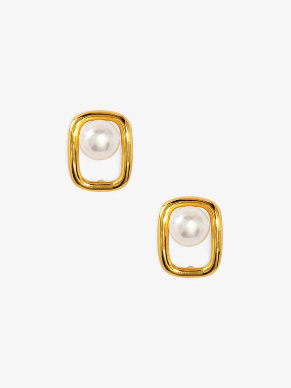 Square Pearl Stud Earring Gold