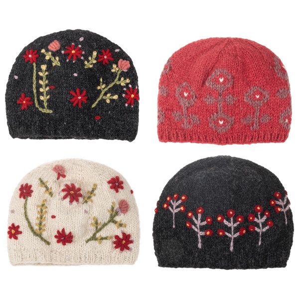 Knit Embroidered Alpine Winter Hat Floral