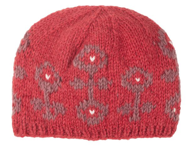 Knit Embroidered Alpine Winter Hat Floral, Color: Raspberry