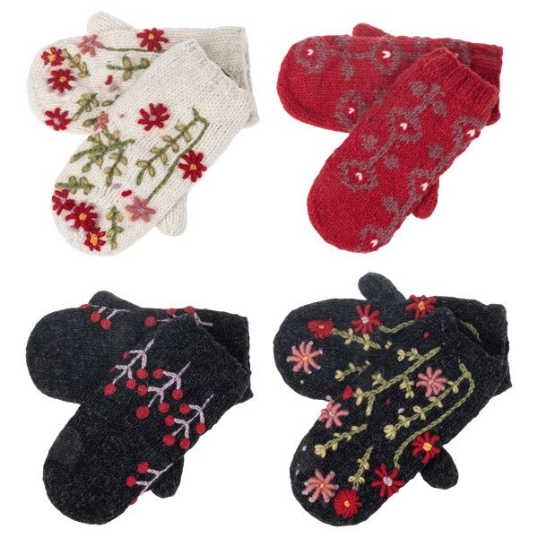 Knit Embroidered Alpine Winter Mittens Floral