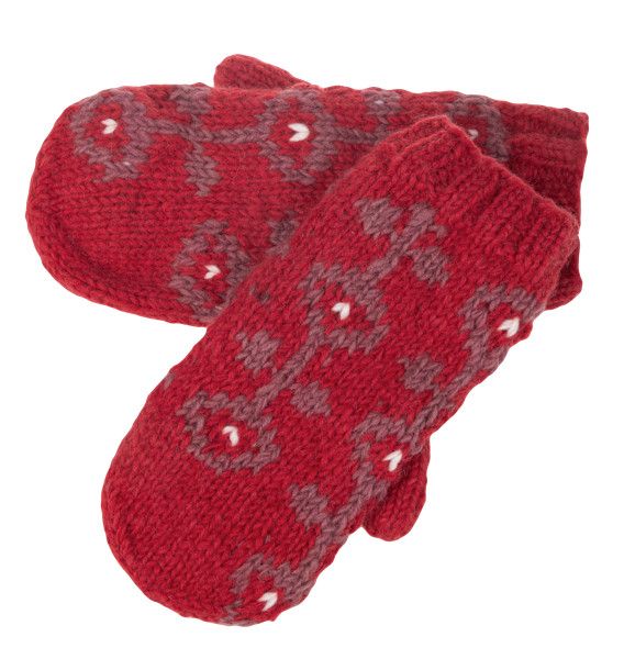 Knit Embroidered Alpine Winter Mittens Floral, Color: Raspberry