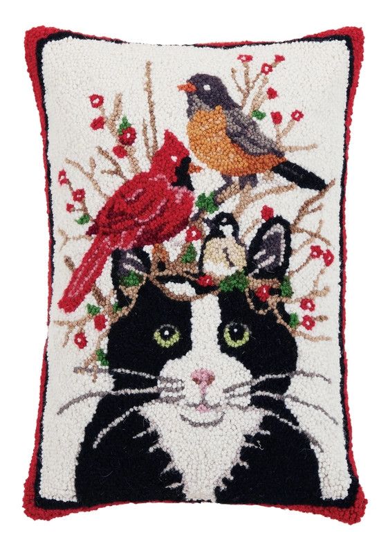 Winter Cat With Birds Hook Pillow 14x20"