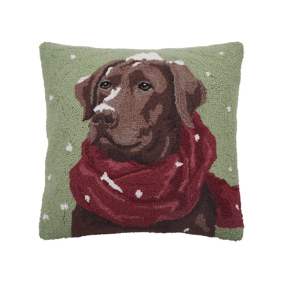 Snowy Chocolate Lab Hook Pillow 18"x18"