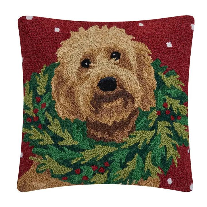 Labradoodle w/Wreath  Hook Pillow 18x18