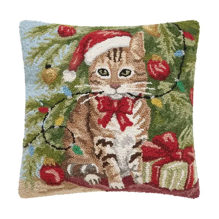Tabby Cat Christmas Hook Pillow 18x18"