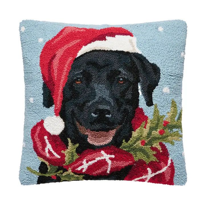 Holiday Black Lab Hook Pillow 18x18"