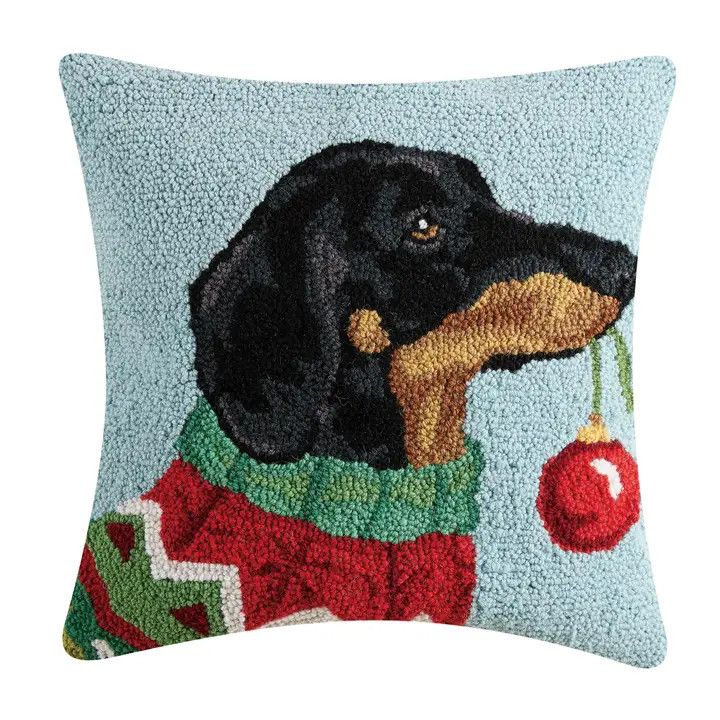 Holiday Dachshund Hook Pillow 18x18"