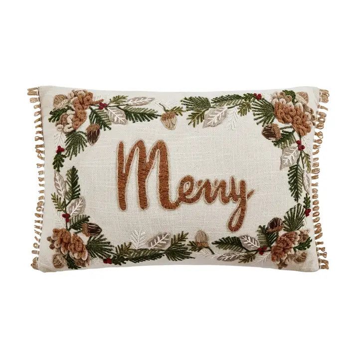Merry Embroidered Rustic Pillow 12x18"