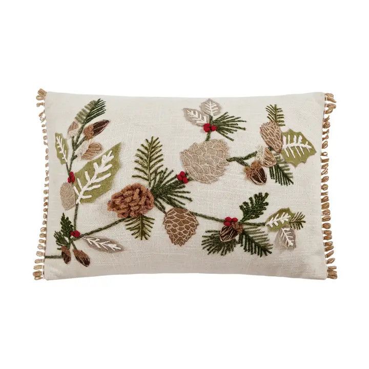 Rustic Holly Branches &amp; Pinecones Pillow 12 x 18