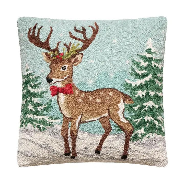 Snowing Reindeer Hook Pillow 18x18"