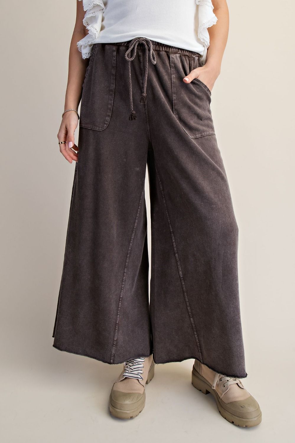 Washed Terry Knit Wide Pants 5 colors, Color: Chocolate Brown, Size: Small