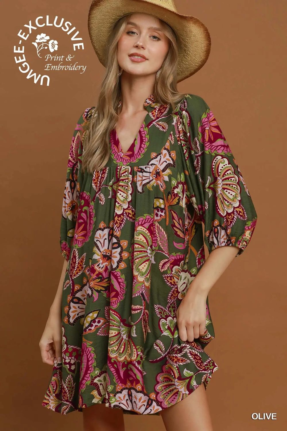 Abstract Print Puff Sleeve Babydoll Dress