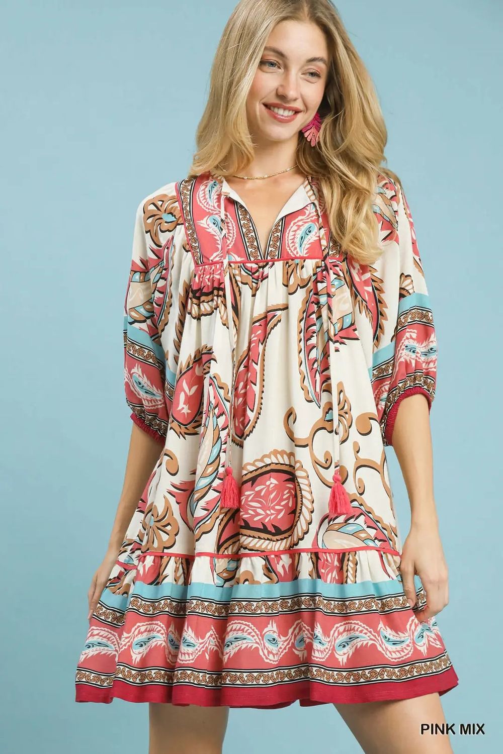 Boho Paisley Tassel Tiered Dress - Pink Mix