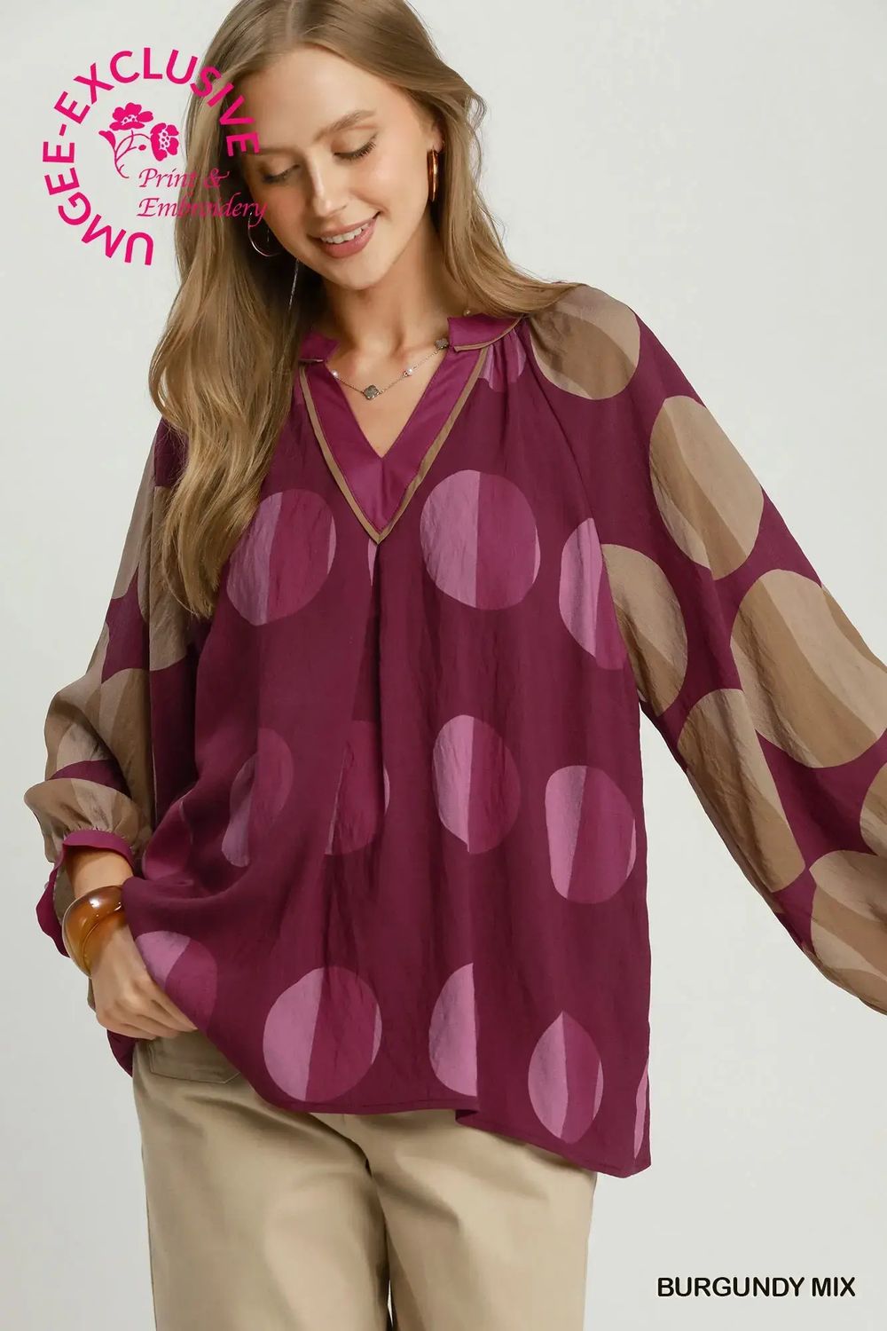 Polka Dot Long Sleeve Blouse , Color: Burgundy Mix, Size: Medium