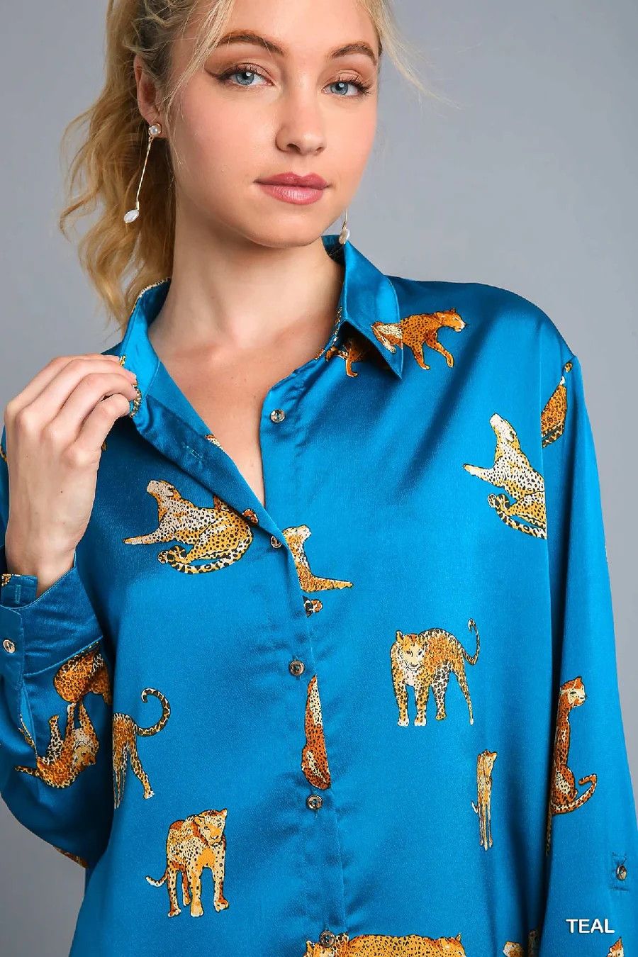 Satin Animal Print Teal Adjustable Sleeves Shirt