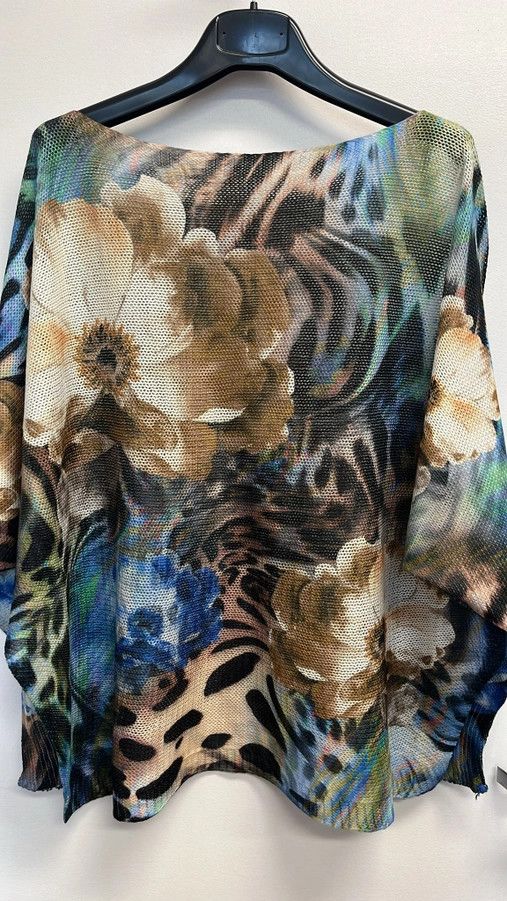 Blue Creme Floral Round Knit Printed Sweater O/S
