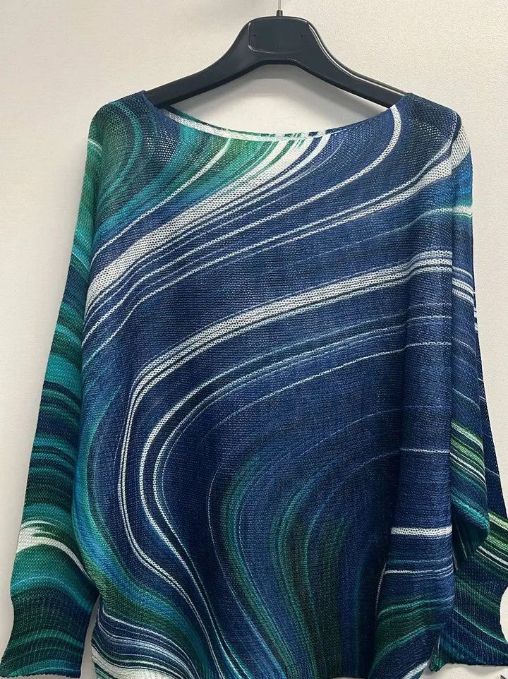 Green Wavy Round Neck Knit Printed Sweater O/S
