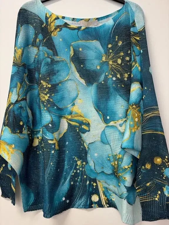 Gilded Floral Print Round Knit Printed Sweater O/S