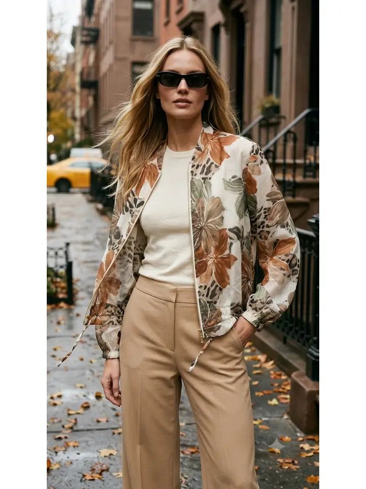 Lightweight Cream Floral Leopard Zip  Blouse O/S