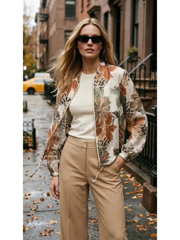 Lightweight Cream Floral Leopard Zip  Blouse O/S