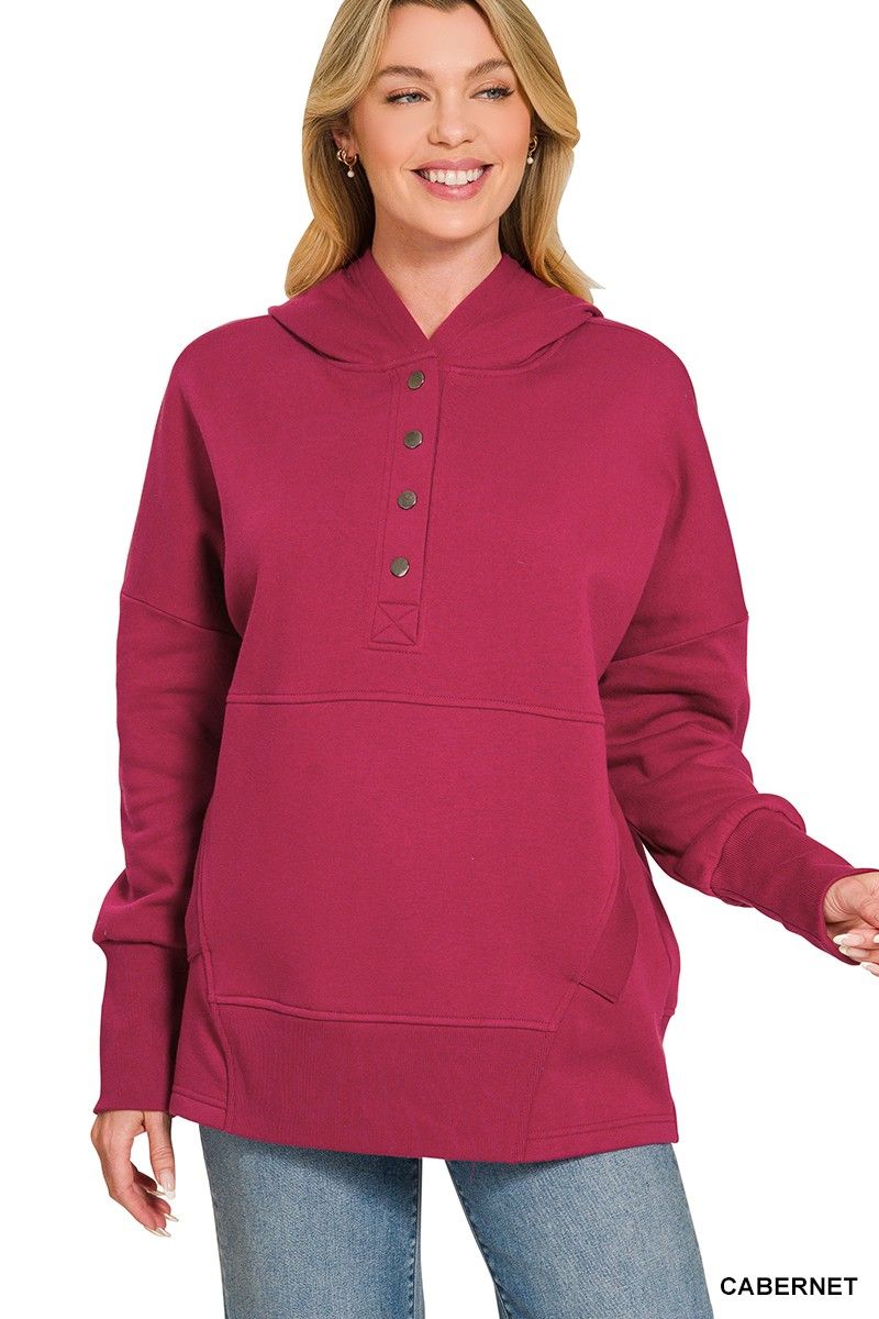 Fleece Half Snap Button Hooded Sweatshirt, Color: Cabernet, Size: S/M