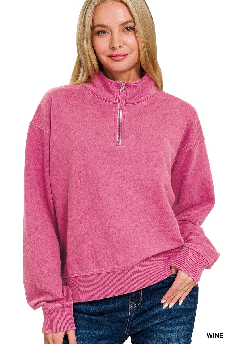 French Terry Washed Sweatshirt Half Zip, Color: Wine, Size: Small