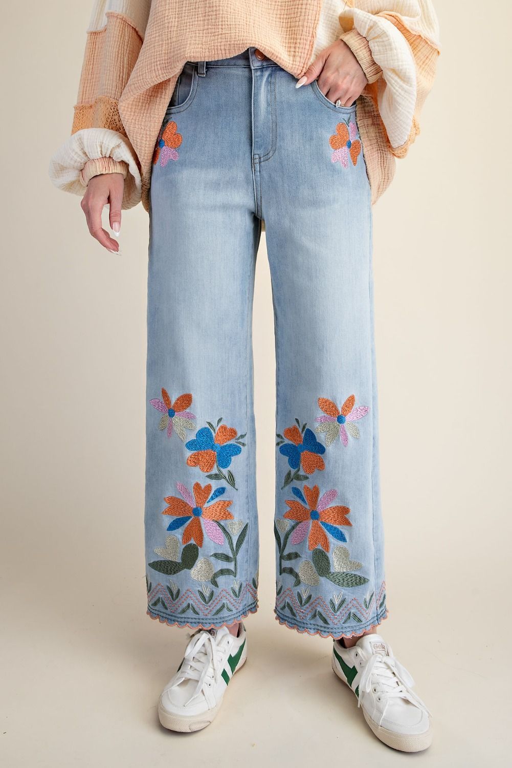 Embroidery Washed Stretch Denim Pants