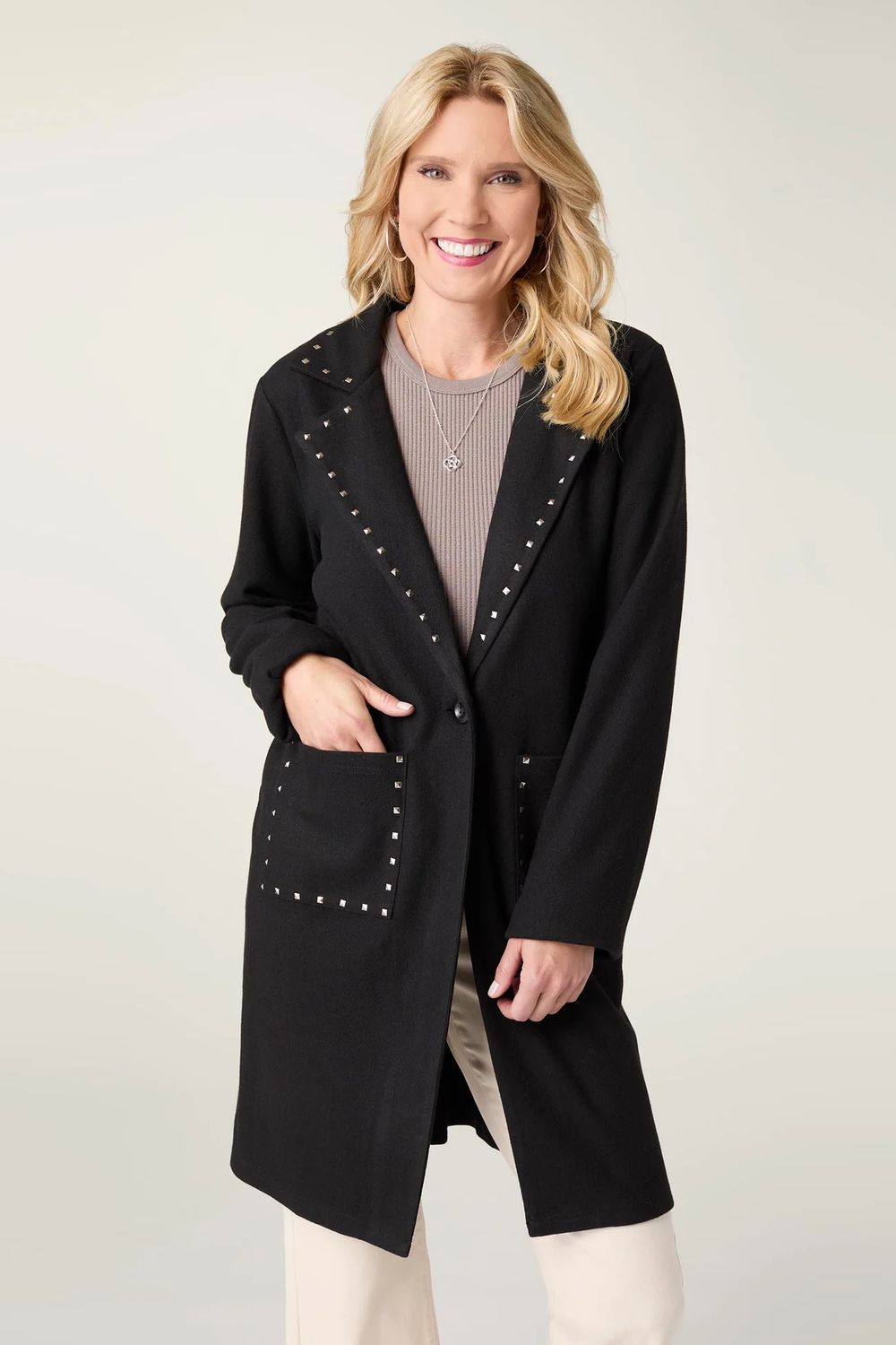 Anice LightWeight Brushed Cardigan With Rivet Detail, Color: Black, Size: XS