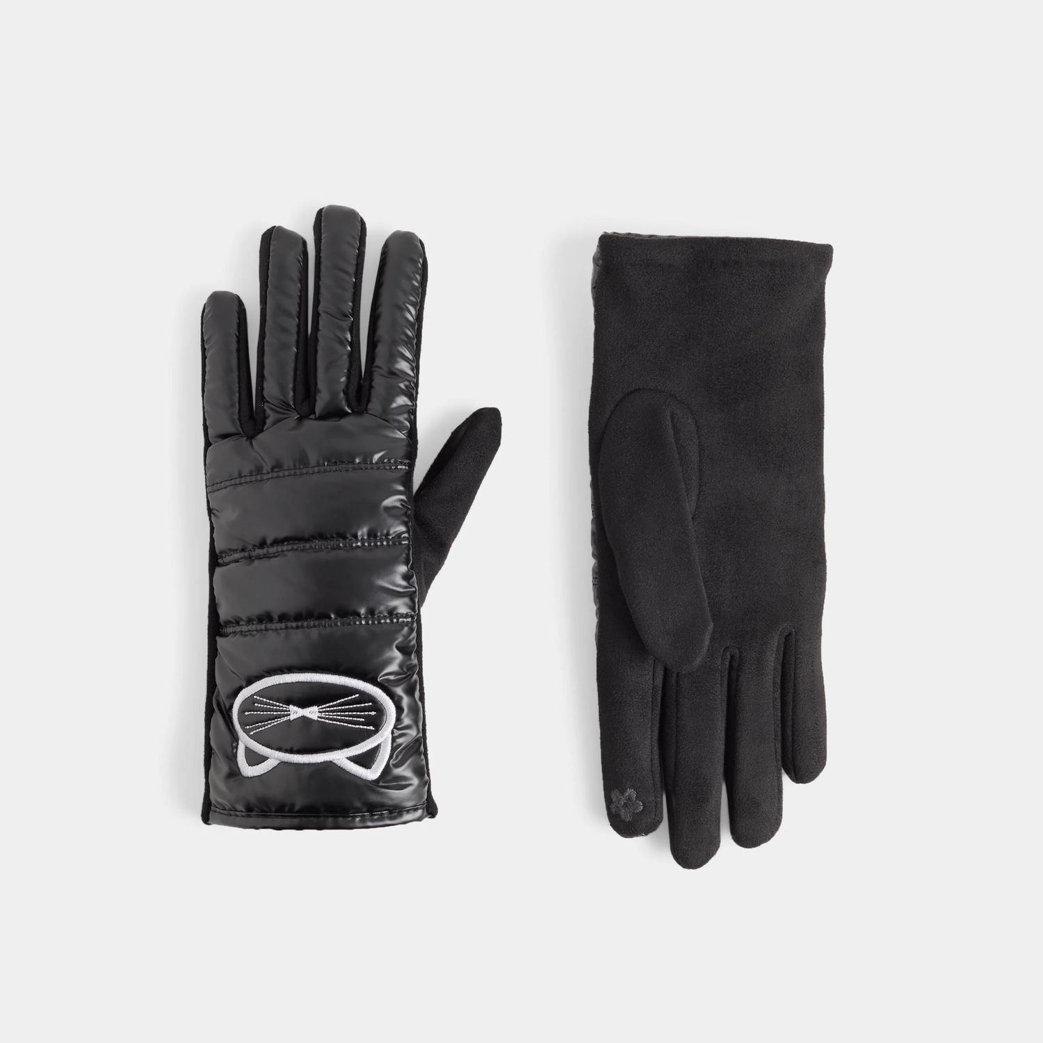 Embroidered Cat Touchscreen Gloves - Black