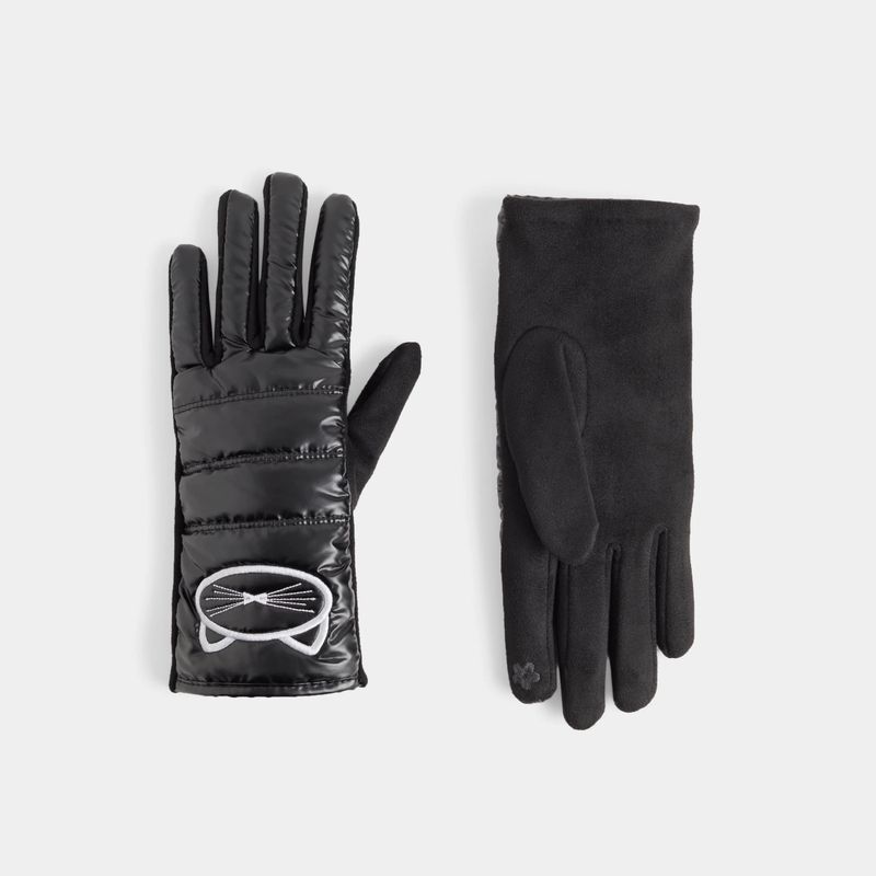 Embroidered Cat Touchscreen Gloves - Black