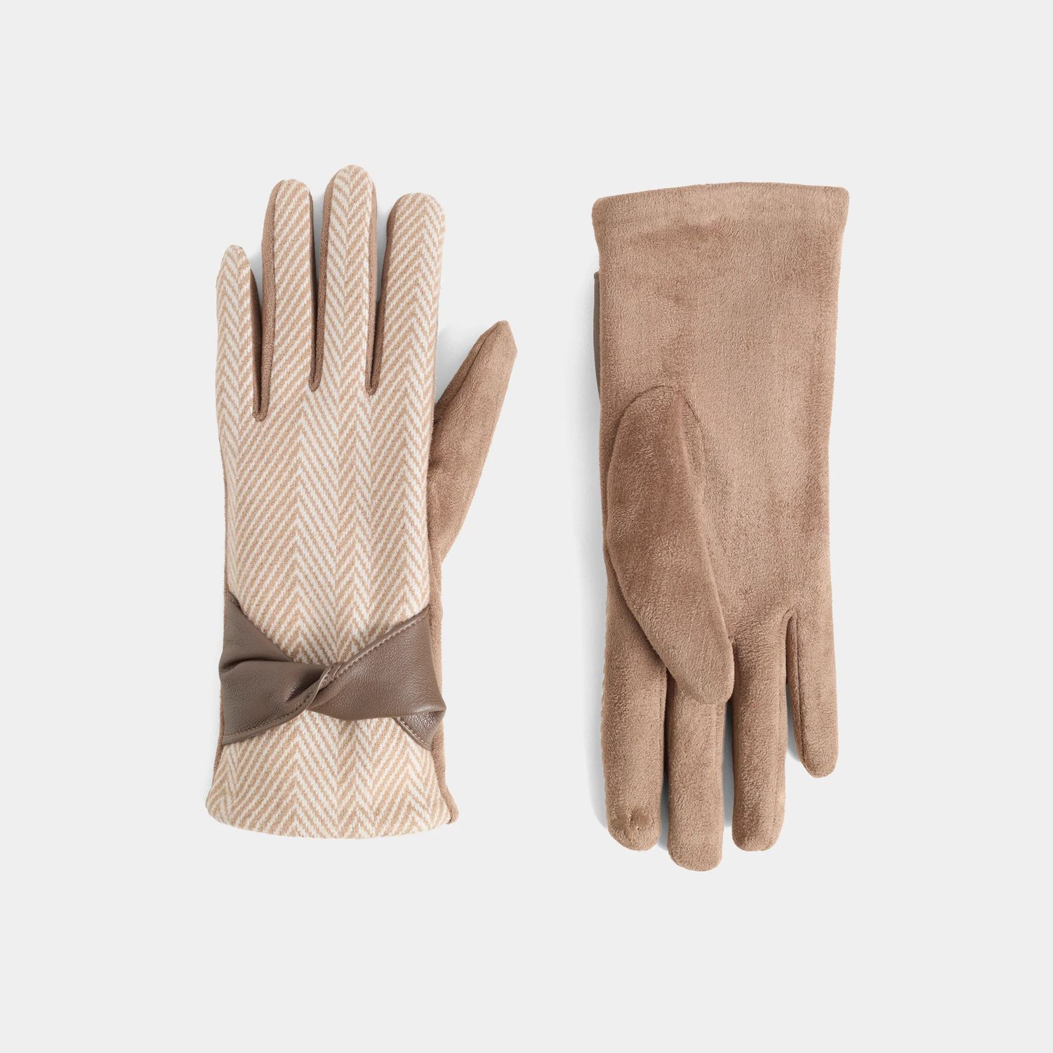 Faux Leather Twist Houndstooth Touchscreen Glove - 3 Colors, Color: Tan