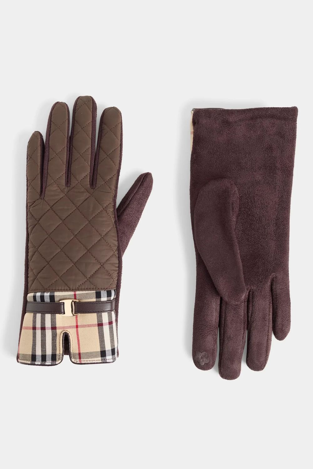 Plaid Puffer Touchscreen Gloves - 3 colors, Color: Chocolate