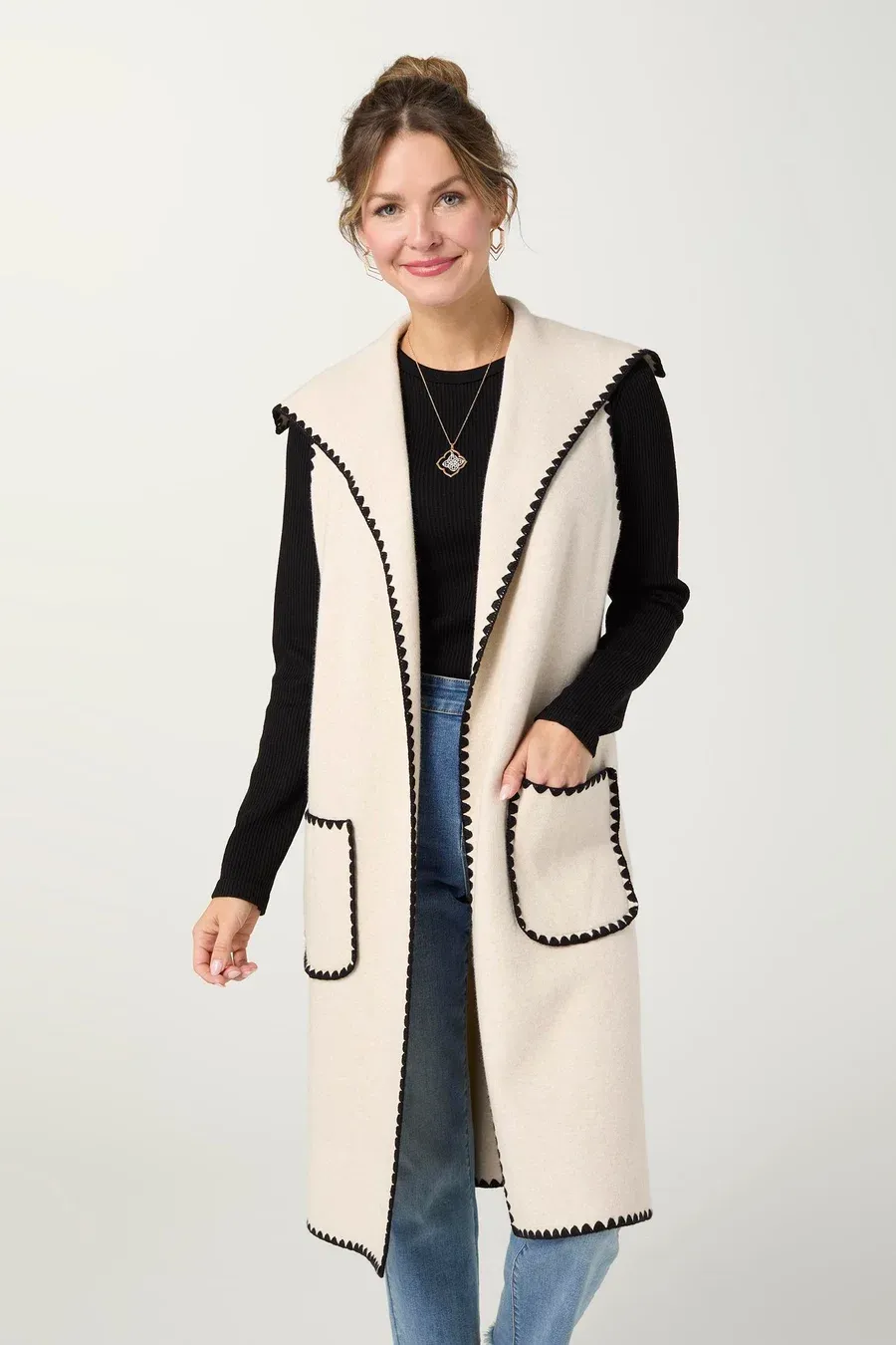 Heavenly-Luxe Long Vest with Contrast Trim - Oatmeal/ Black