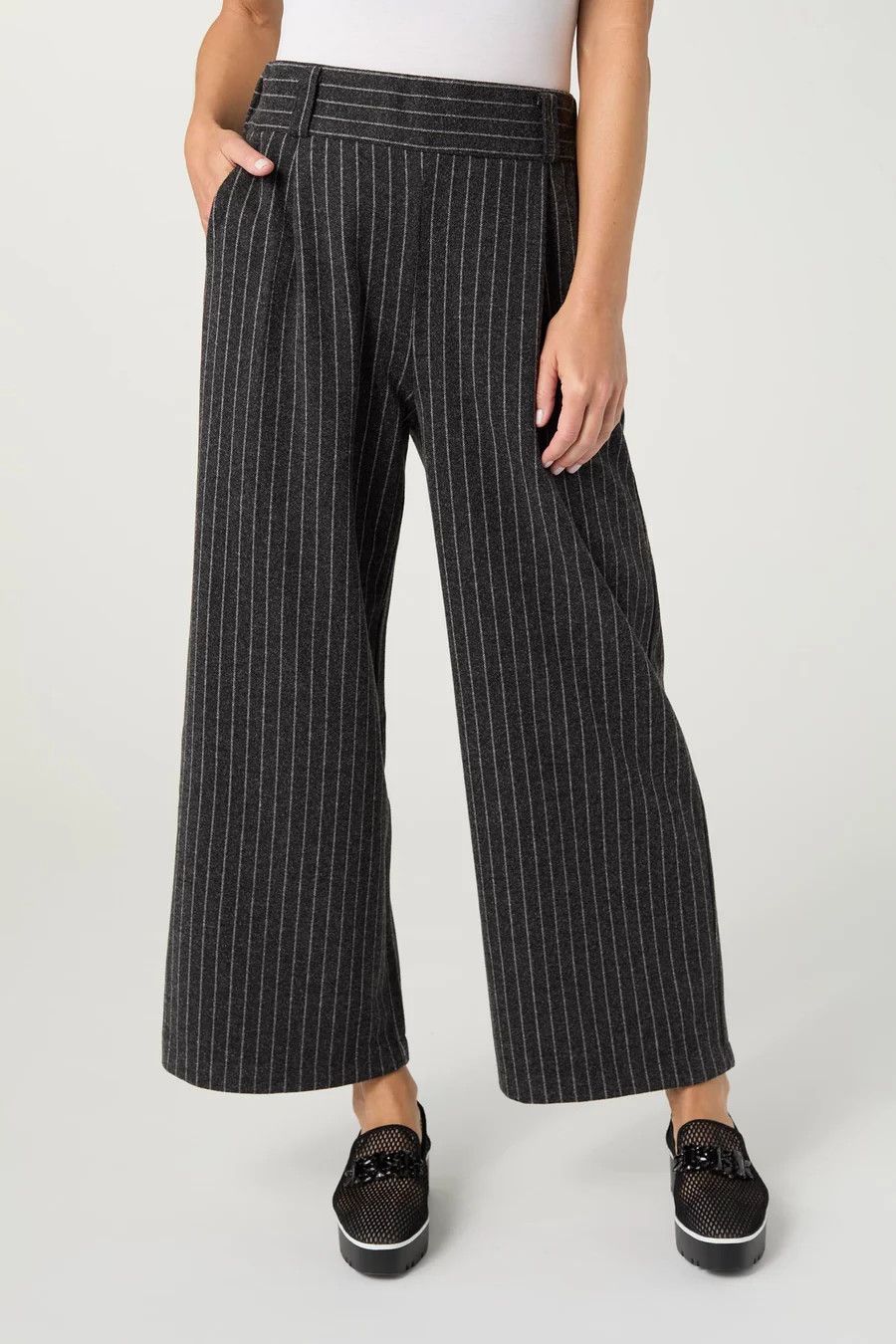 Ventura Brushed Stripe Wide Leg Crop Pant - Charcoal Grey