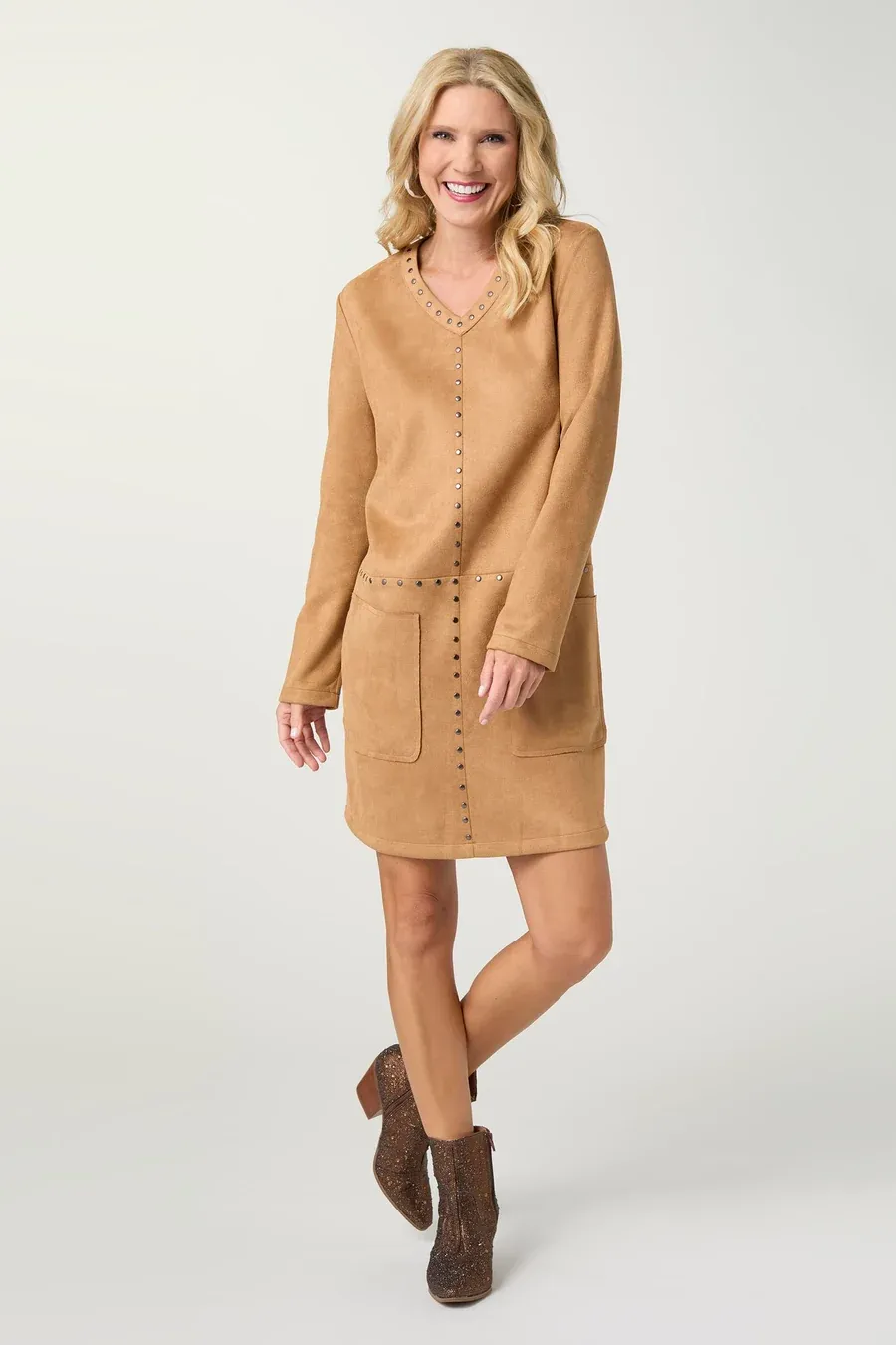 Kiley V-Neck Faux Suede Dress - Camel