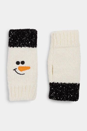Marled Snowman Knit Fingerless Gloves - Winter White