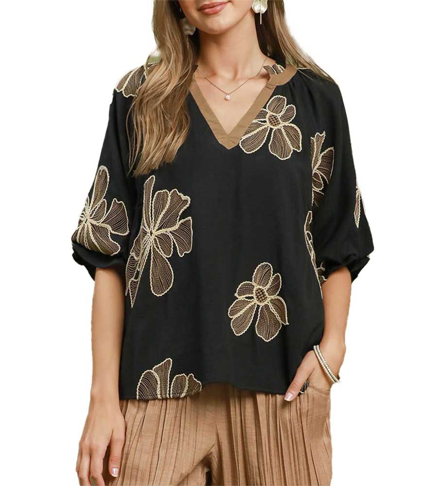 Floral Embroidered V-Neck Top, Color: Black, Size: Small