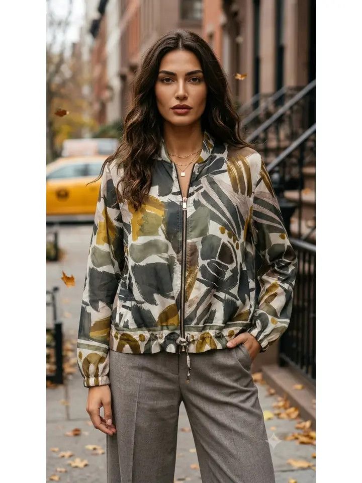 Lightweight Olive Abstract Brushstroke Tencel Jacket O/S