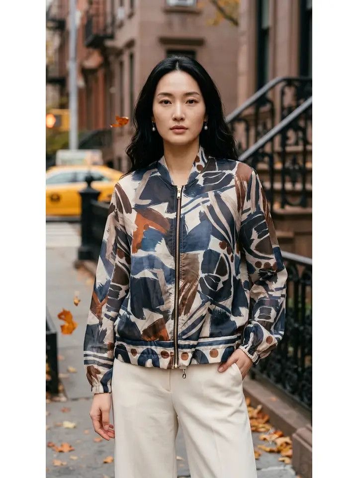 Lightweight Navy Abstract Brushstroke Tencel Jacket O/S