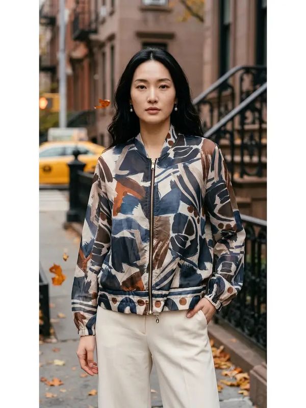 Lightweight Navy Abstract Brushstroke Tencel Jacket O/S
