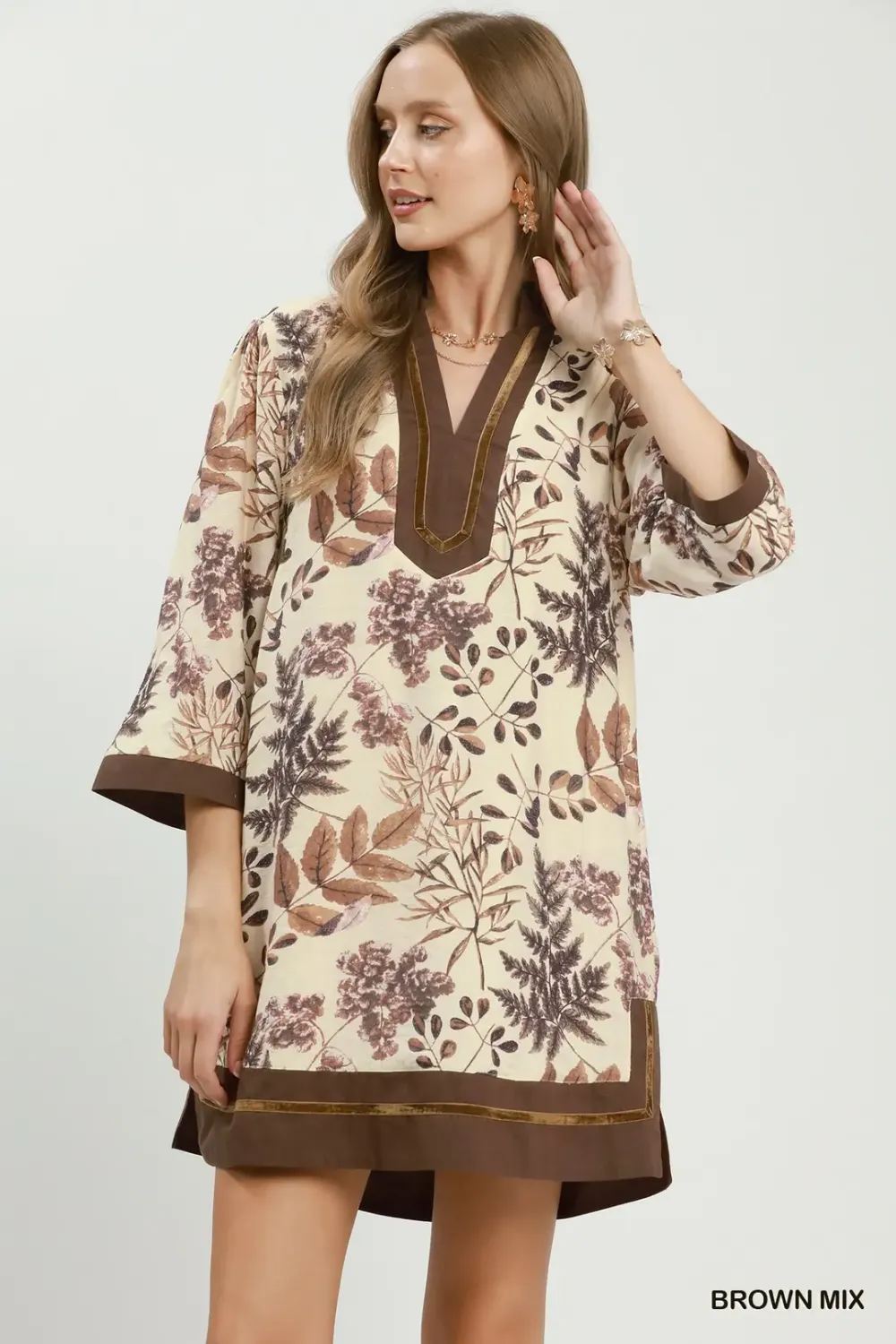 Botanical Print Contrast Trim Dress - 2 Colors, Color: Brown Mix, Size: S