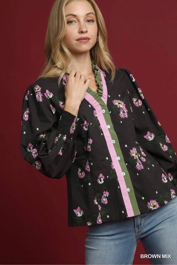 Floral Bunch Print Ruffle Blouse Brown Mix